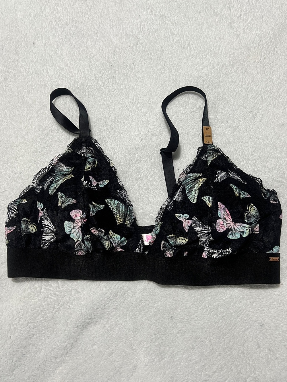 NWT PINK Victoria's Secret Wireless Black Butterfly Bra Large